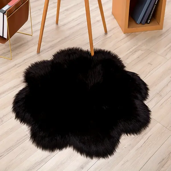 Acrylic & Polyester Black Floral Shape Faux Fur Area Rug, Hand Washable Plush Floor Mat - Decorative Non-Skid Pet-Friendly Carpet for Home, 23.62x35.43inch