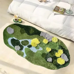 Moss Green Bath Mat Cute Bathroom Rugs Non-Slip Aesthetic Microfiber Fleece Soft Shaggy Shower Mat Moss Carpet (40x20'')