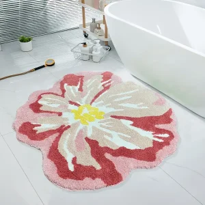 Ultra-Soft Plush Floral Area Rug - Non-Slip, Machine Washable, 3D Abstract Design, Perfect for Bedroom, Kitchen, Bathroom, and Living Room - Cozy Farmhouse Style, Pink and Red Flower with Yellow Center