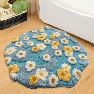 1pc Plush Daisy & Moss 3D Irregular Bathroom Rug - Ultra-Soft, Non-Slip, Thick Microfiber Floor Mat for Living Room, Bedroom, and Home Decor