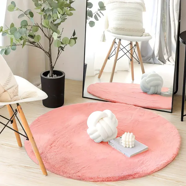 Cozy Pink Faux Rabbit Fur Round Rug - Soft, Fluffy, Non-Slip, Foldable & Washable For Living Room, Bedroom, Study, And Bay Window Decor