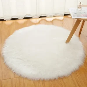 1pc Fluffy Faux Fur Area Rug 11.81x11.81inch - Soft Acrylic & Polyester Blend, Machine Washable, Non-Slip Small Round Rug for Bedroom, Office, and Vanity Area